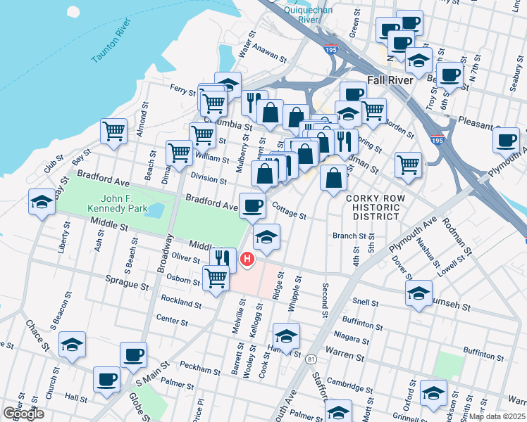 map of restaurants, bars, coffee shops, grocery stores, and more near 640 South Main Street in Fall River
