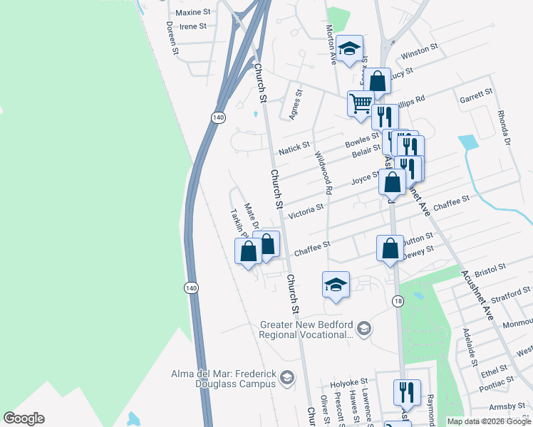 map of restaurants, bars, coffee shops, grocery stores, and more near 29 Schooner Court in New Bedford