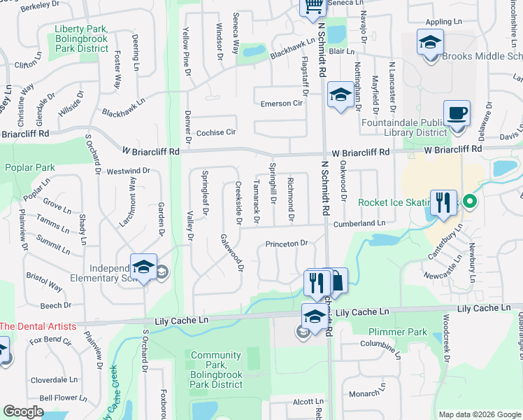 map of restaurants, bars, coffee shops, grocery stores, and more near 148 Tamarack Drive in Bolingbrook