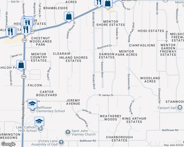 map of restaurants, bars, coffee shops, grocery stores, and more near 6452 Brooks Boulevard in Mentor