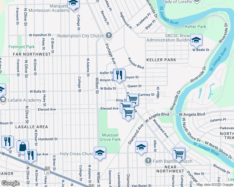 map of restaurants, bars, coffee shops, grocery stores, and more near 18 Anderson in South Bend