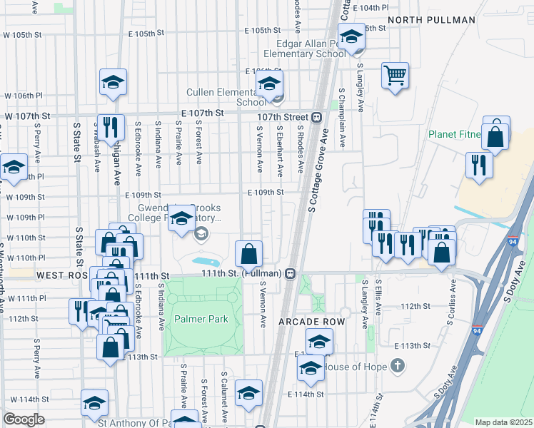 map of restaurants, bars, coffee shops, grocery stores, and more near 10931 South Vernon Avenue in Chicago