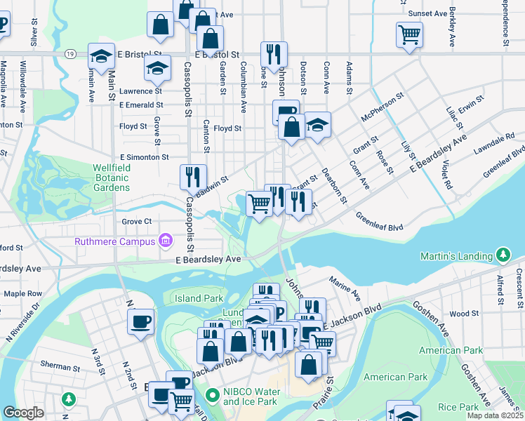 map of restaurants, bars, coffee shops, grocery stores, and more near 1009 Cone Street in Elkhart