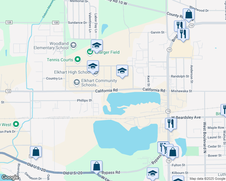 map of restaurants, bars, coffee shops, grocery stores, and more near 2424 California Road in Elkhart