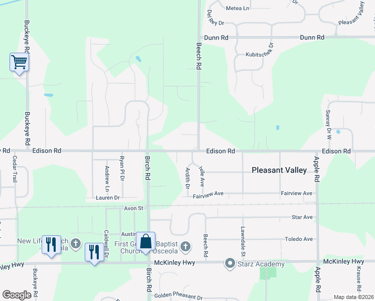 map of restaurants, bars, coffee shops, grocery stores, and more near 11103 Edison Road in Osceola