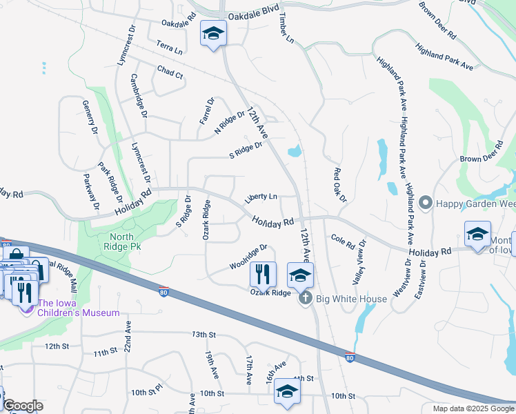 map of restaurants, bars, coffee shops, grocery stores, and more near 1926 Liberty Ct in Coralville