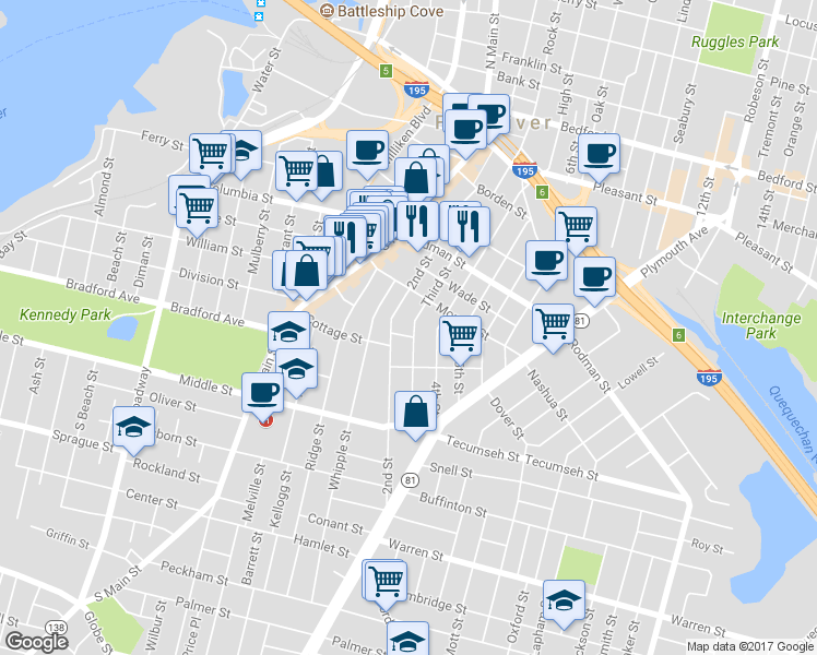 map of restaurants, bars, coffee shops, grocery stores, and more near 513 Third Street in Fall River