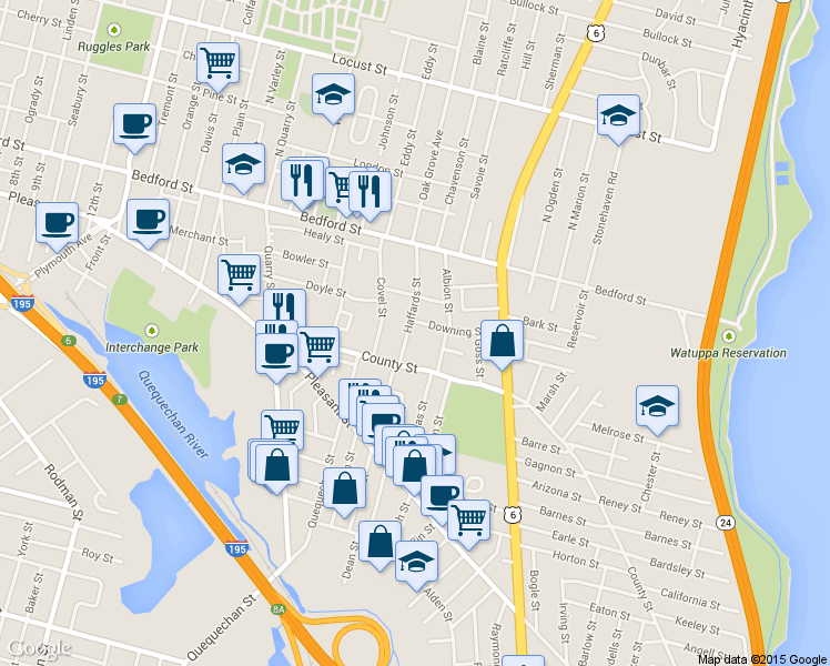 map of restaurants, bars, coffee shops, grocery stores, and more near 184 Haffards Street in Fall River