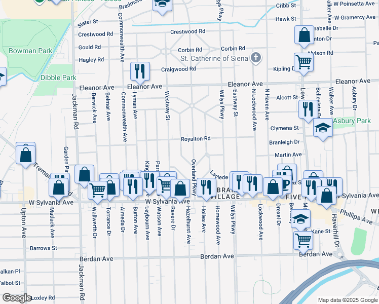 map of restaurants, bars, coffee shops, grocery stores, and more near 4209 Overland Pkwy in Toledo