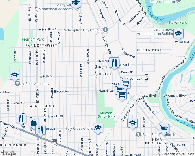 map of restaurants, bars, coffee shops, grocery stores, and more near 1522 Wilber Street in South Bend