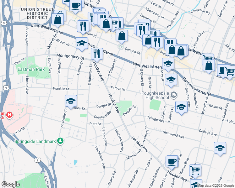 map of restaurants, bars, coffee shops, grocery stores, and more near 11 Hanscom Avenue in Poughkeepsie