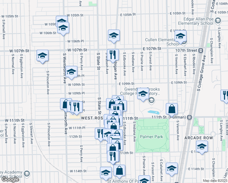 map of restaurants, bars, coffee shops, grocery stores, and more near 10924 South Michigan Avenue in Chicago