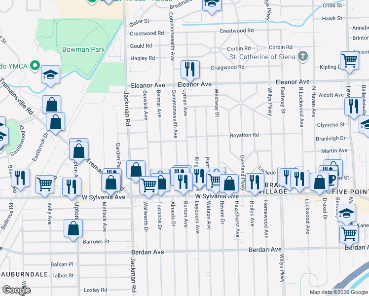 map of restaurants, bars, coffee shops, grocery stores, and more near 4211 Lyman Avenue in Toledo
