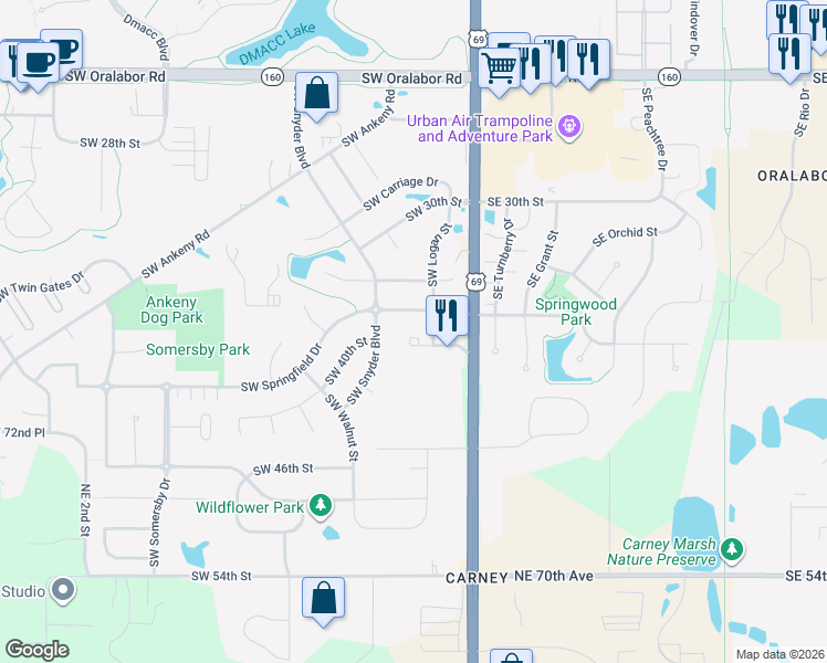 map of restaurants, bars, coffee shops, grocery stores, and more near 216 Southwest 36th Lane in Ankeny