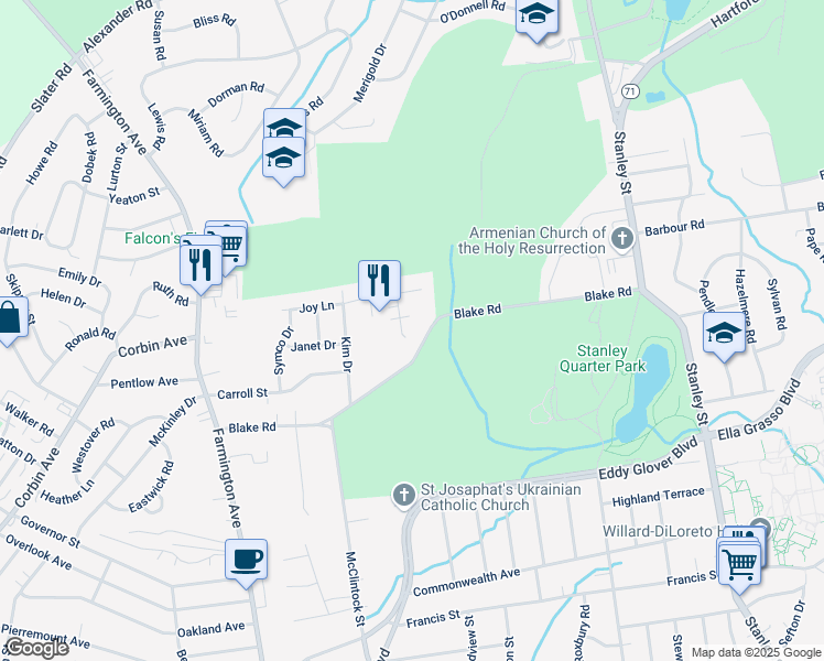 map of restaurants, bars, coffee shops, grocery stores, and more near 40 Santo Court in New Britain