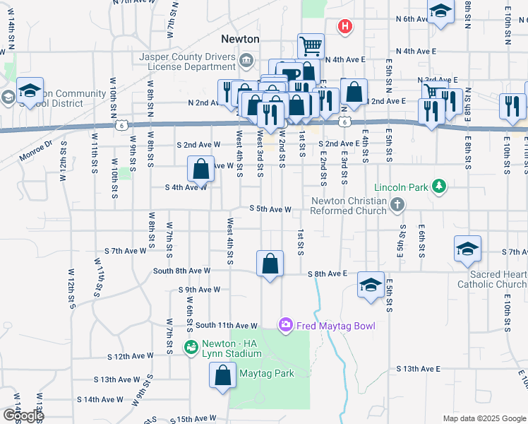 map of restaurants, bars, coffee shops, grocery stores, and more near 502 West 3rd Street South in Newton