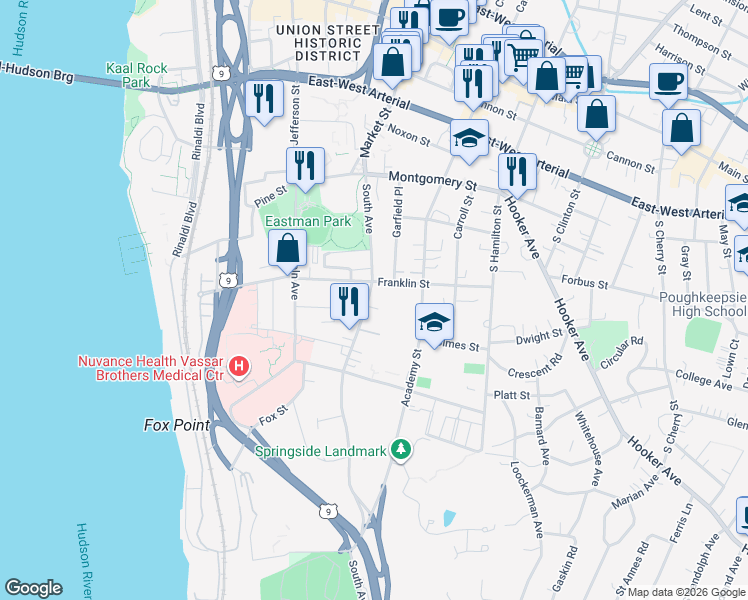 map of restaurants, bars, coffee shops, grocery stores, and more near 105 South Avenue in Poughkeepsie