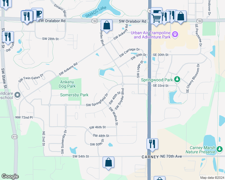 map of restaurants, bars, coffee shops, grocery stores, and more near 519 Southwest Springfield Drive in Ankeny