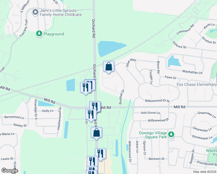 map of restaurants, bars, coffee shops, grocery stores, and more near 312 Wolverine Drive in Oswego