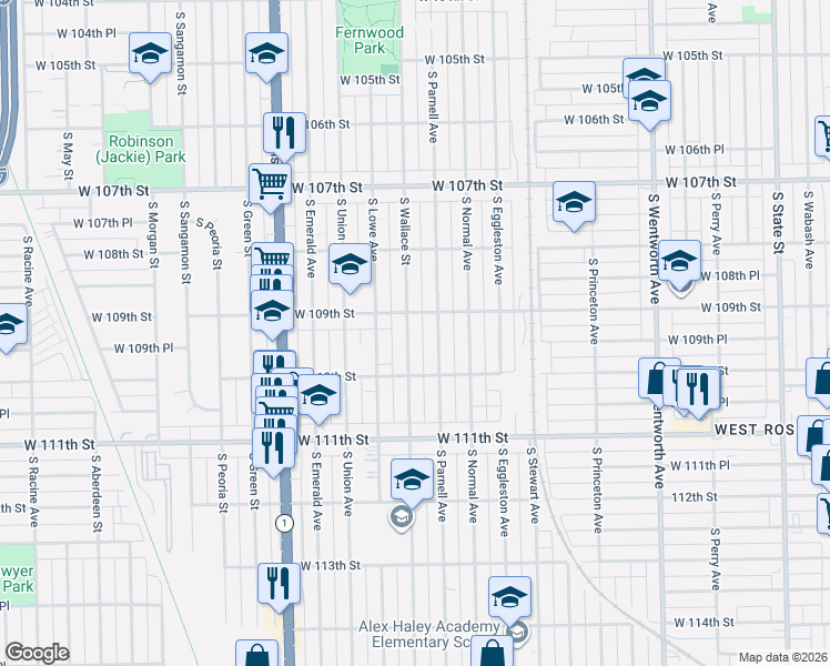 map of restaurants, bars, coffee shops, grocery stores, and more near 10921 South Wallace Street in Chicago