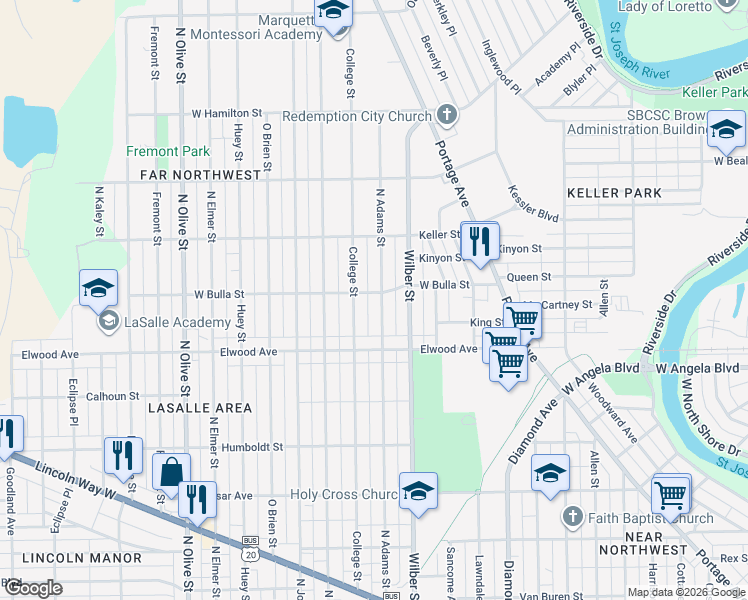 map of restaurants, bars, coffee shops, grocery stores, and more near 1525 North Adams Street in South Bend
