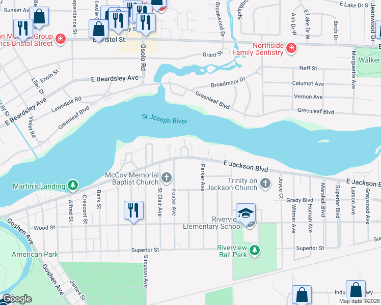 map of restaurants, bars, coffee shops, grocery stores, and more near 2202 East Jackson Boulevard in Elkhart