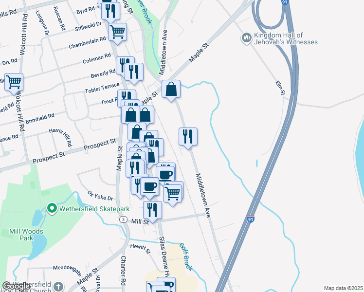 map of restaurants, bars, coffee shops, grocery stores, and more near 12-14 Alison Lane in Wethersfield
