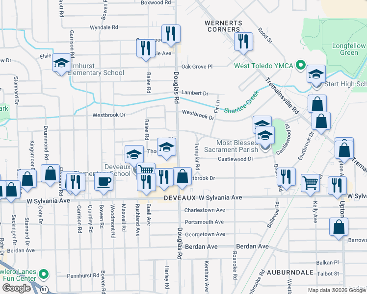 map of restaurants, bars, coffee shops, grocery stores, and more near 4205 Douglas Road in Toledo