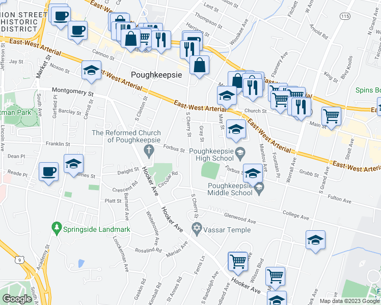 map of restaurants, bars, coffee shops, grocery stores, and more near Forbus Street & South Cherry Street in Poughkeepsie