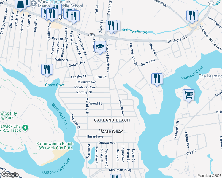 map of restaurants, bars, coffee shops, grocery stores, and more near in Warwick