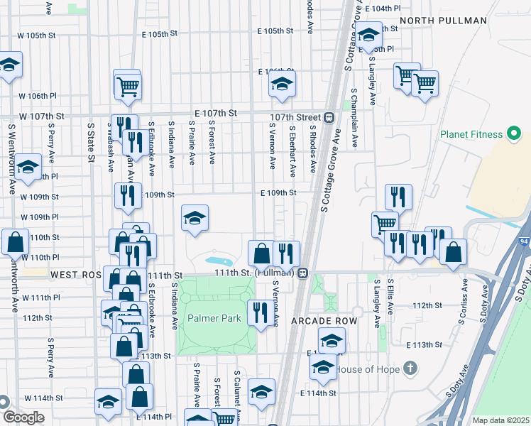 map of restaurants, bars, coffee shops, grocery stores, and more near 10929 South King Drive in Chicago