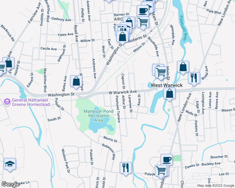 map of restaurants, bars, coffee shops, grocery stores, and more near 39 West Warwick Avenue in West Warwick
