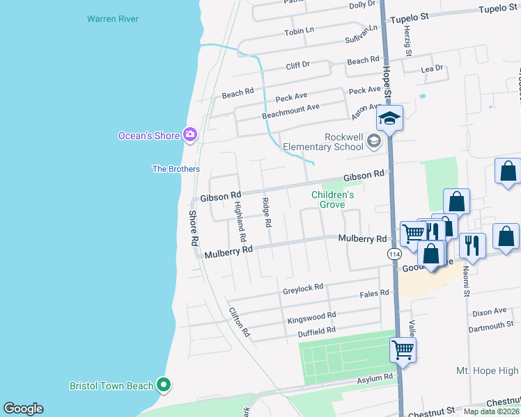 map of restaurants, bars, coffee shops, grocery stores, and more near 49 Ridge Road in Bristol
