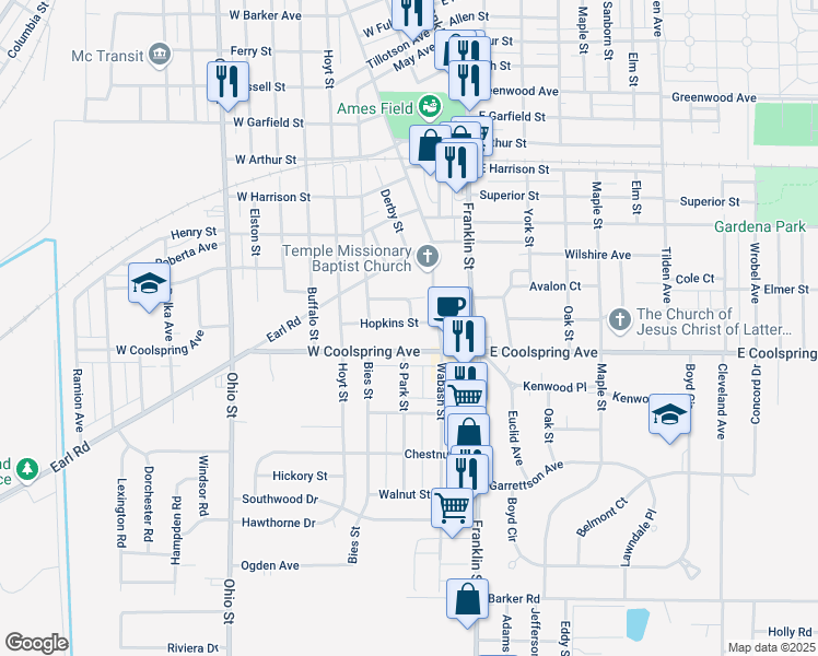 map of restaurants, bars, coffee shops, grocery stores, and more near 224 Hopkins Street in Michigan City