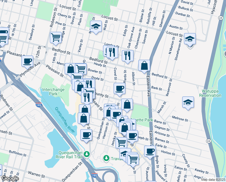 map of restaurants, bars, coffee shops, grocery stores, and more near 205 Covel St in Fall River