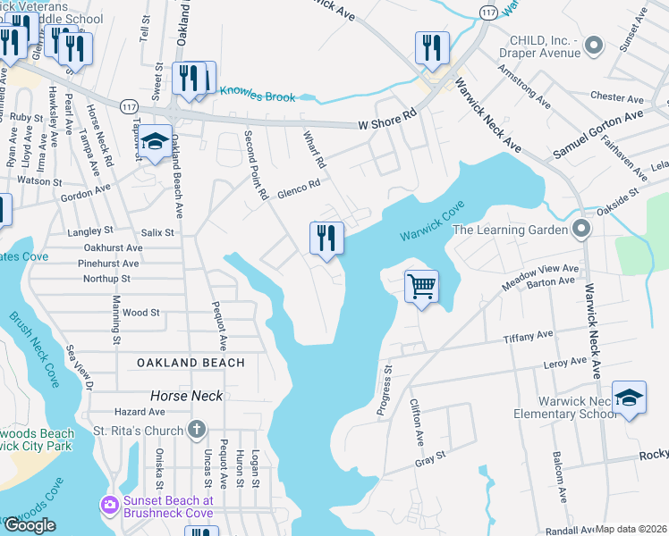map of restaurants, bars, coffee shops, grocery stores, and more near 30 Waterfront Drive in Warwick
