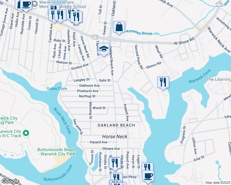 map of restaurants, bars, coffee shops, grocery stores, and more near in Warwick