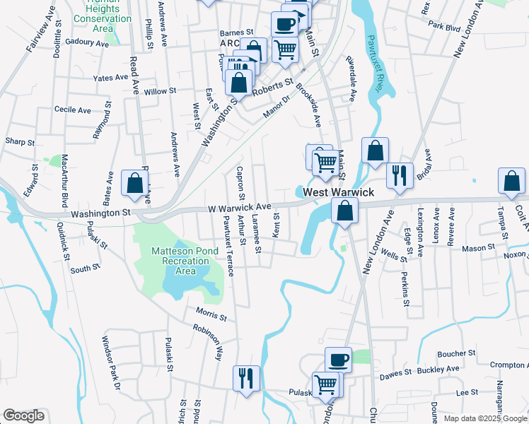 map of restaurants, bars, coffee shops, grocery stores, and more near 53 West Warwick Avenue in West Warwick