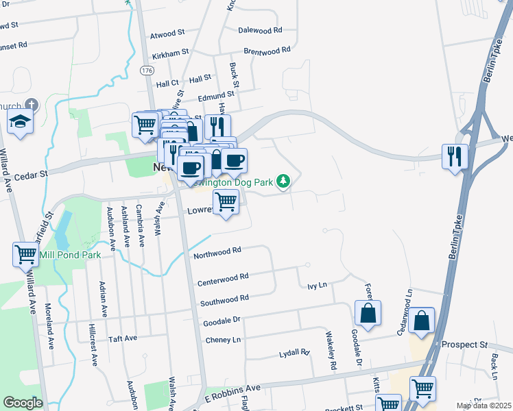 map of restaurants, bars, coffee shops, grocery stores, and more near 249 Lowrey Place in Newington