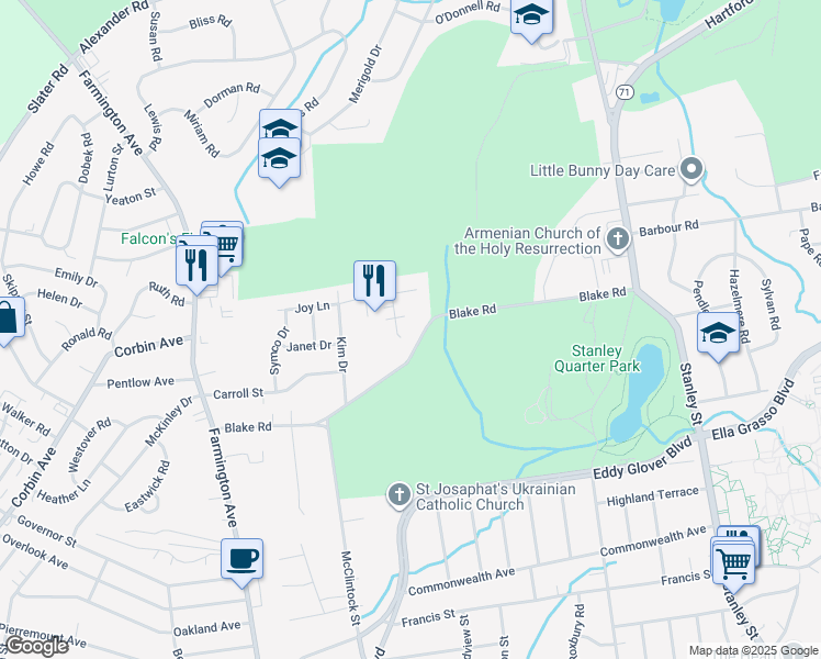 map of restaurants, bars, coffee shops, grocery stores, and more near 40 Santo Court in New Britain