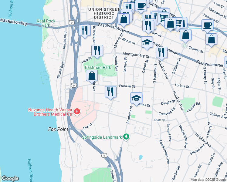 map of restaurants, bars, coffee shops, grocery stores, and more near 105 South Avenue in Poughkeepsie