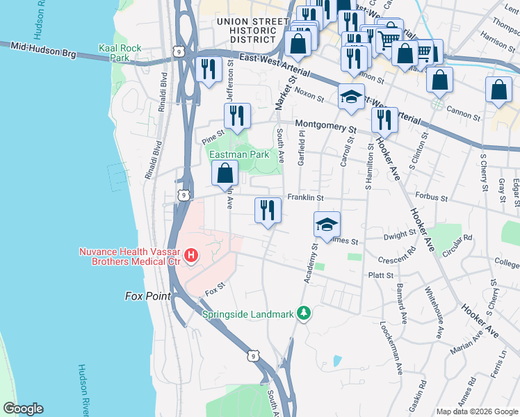 map of restaurants, bars, coffee shops, grocery stores, and more near 22 Dean Place in Poughkeepsie