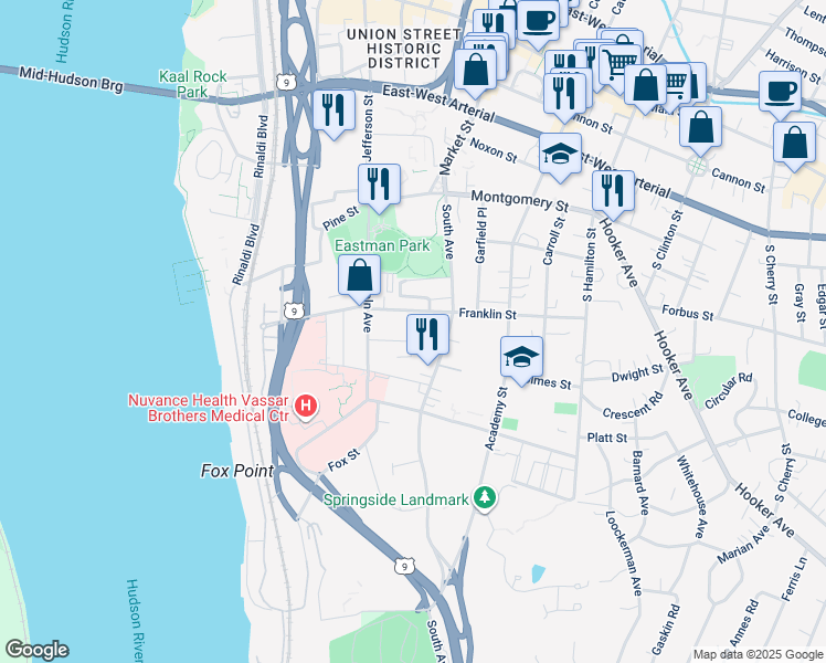 map of restaurants, bars, coffee shops, grocery stores, and more near 22 Dean Place in Poughkeepsie