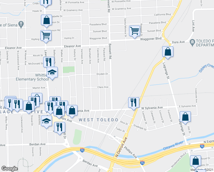 map of restaurants, bars, coffee shops, grocery stores, and more near 4100 Bennett Road in Toledo