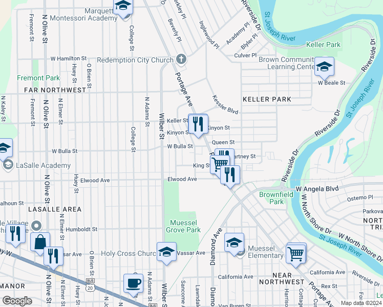 map of restaurants, bars, coffee shops, grocery stores, and more near 18 Anderson in South Bend