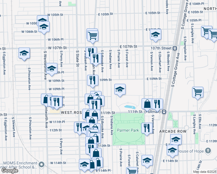 map of restaurants, bars, coffee shops, grocery stores, and more near 10914 South Indiana Avenue in Chicago