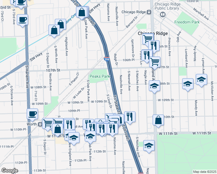map of restaurants, bars, coffee shops, grocery stores, and more near 10805 South Lloyd Drive in Worth