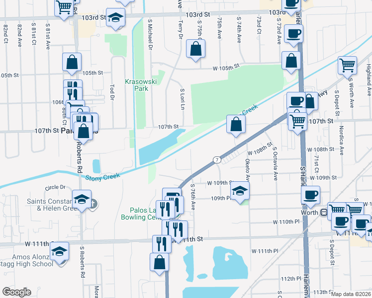 map of restaurants, bars, coffee shops, grocery stores, and more near 10831 76th Court in Worth