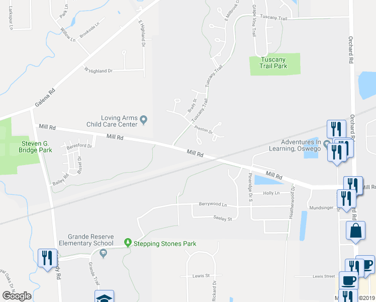 map of restaurants, bars, coffee shops, grocery stores, and more near Mill Road in Yorkville