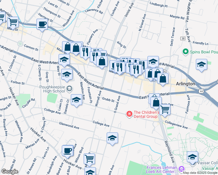map of restaurants, bars, coffee shops, grocery stores, and more near 409 Baker Street in Poughkeepsie
